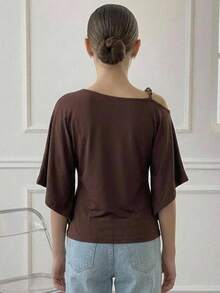 DAZY Tween Girl Solid Color Ruched Slim Fit Versatile Casual T-Shirt - Brown - View 2