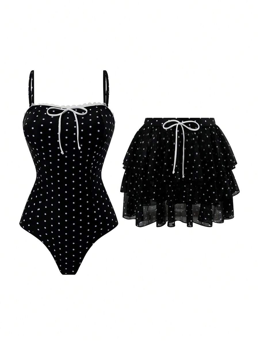 Swim Oasis 女款 2 件組夏季海灘泳裝套裝:棕色格紋印花平口荷葉邊連身泳衣 + 透視網紗層次裙,優雅海灘穿搭泳裝套裝 - 黑色 - 查看 1
