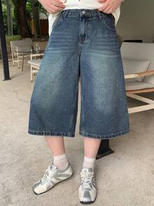 Dazy Plus Vintage Traditional Denim Washed Distressed Loose Straight Leg Casual Cropped Jeans Plus Size Women Autumn Formal Graduation Blue - Dark Wash - View 5
