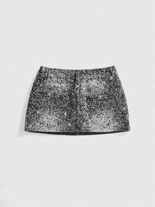 ROMWE Grunge Punk Summer Outfits Music Festival Style Ultra Low Waist Mini Denim Skirt For Women - Grey - View 2