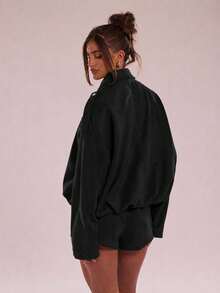 SHEIN BAE 極簡慵懶休閒百搭純色短褲 - 黑色 - 查看 2