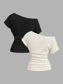 SHEIN MOD 女款純色不對稱肩抓皺休閒百搭日常T恤 - 彩色 - 查看 9