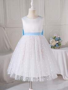 Glamorique Kids Girls Princess Dress Flower Girl Birthday Party Wedding Holiday Sleeveless White Satin Embroidered Floral Mesh Back Large Bow 3D Flower Summer - White - View 1