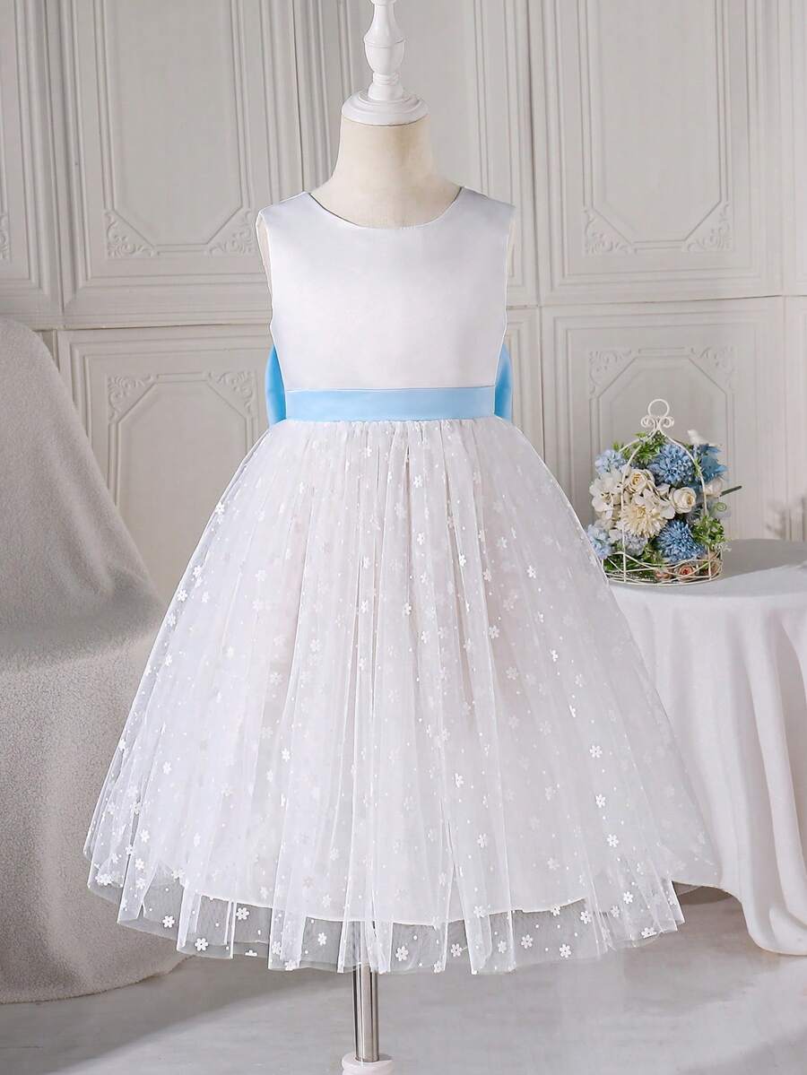 Glamorique Kids Girls Princess Dress Flower Girl Birthday Party Wedding Holiday Sleeveless White Satin Embroidered Floral Mesh Back Large Bow 3D Flower Summer - White - View 1