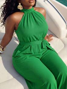 Slaydiva Mono de cuello halter de unicolor talla grande para vacaciones y uso casual - Verde - Ver 1