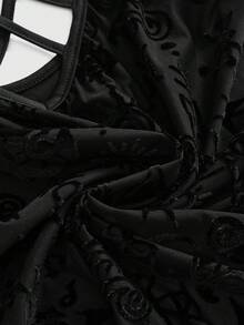 ROMWE Goth 夏季哥德風神秘星月植物圖案 定製燒花布料不對稱下擺寬鬆背心上衣 萬聖節夜店之夜外出穿搭 黑色 - 黑色 - 查看 8