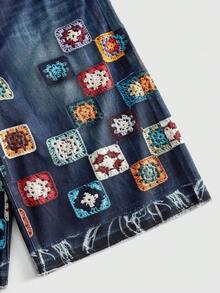 ROMWE MEN Street Life 男士迷彩刺繡口袋鈕扣時尚牛仔短褲 - 彩色 - 查看 4