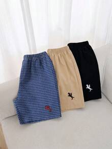 SHEIN 3件組小男孩短褲：1件提花布丹寧拼接刺繡短褲 + 2件梭織休閒短褲，刺繡標籤細節，適合日常、上學、戶外，春/夏季 - 彩色 - 查看 1