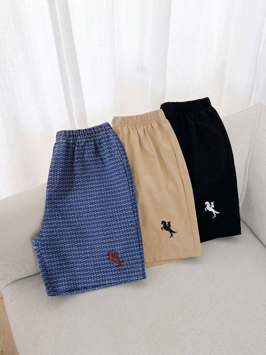 SHEIN 3件組小男孩短褲:1件提花布丹寧拼接刺繡短褲 + 2件梭織休閒短褲,刺繡標籤細節,適合日常、上學、戶外,春/夏季 - 彩色 - 查看 1