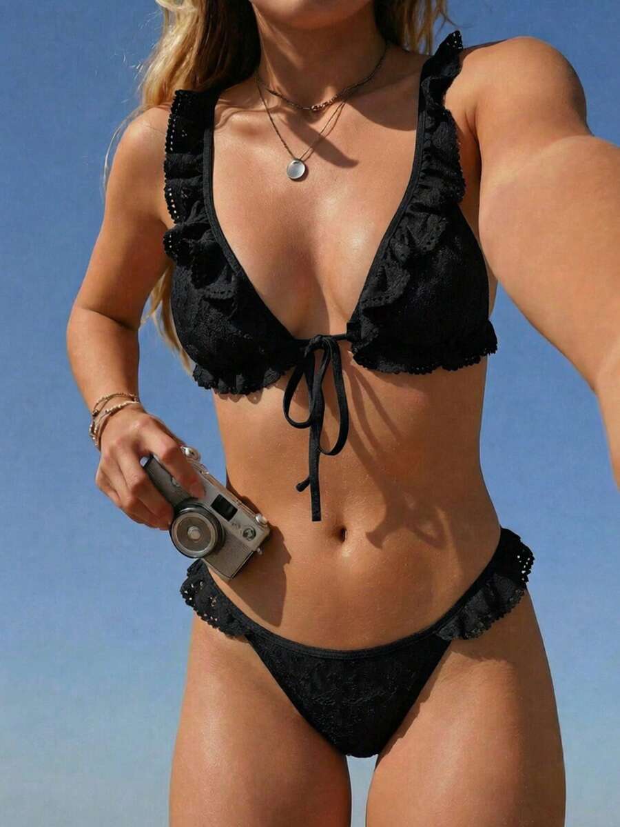 Swim Mod 夏季海灘女款休閒優雅女士蕾絲裝飾兩件式泳衣套裝，適用海灘、泳池派對，春/夏 - 黑色 - 查看 1