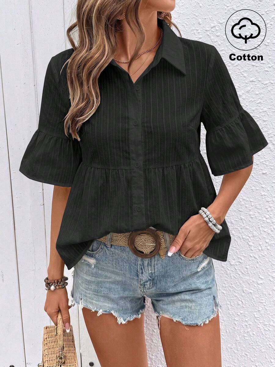 SHEIN Holidaya 女款時尚簡約條紋單排扣襯衫,商務休閒風 - 黑色 - 查看 1