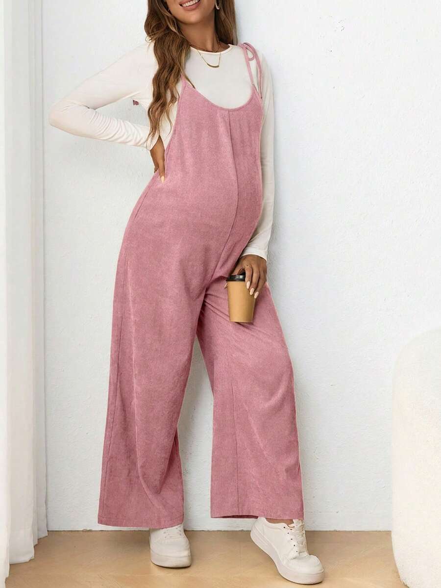 SHEIN 孕婦休閒細肩帶蝴蝶結修身長版連身褲 - 粉色 - 查看 1