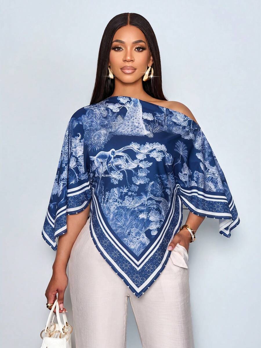 SHEIN PETITE Women's Spring Summer Solid Color Elegant Casual Simple Apricot Patterned Asymmetrical Collar Oblique Shoulder Sleeve Loose Fashionable Shirt Vintage Holiday Print Batwing Sleeve Blouse New Arrival Versatile Suitable For Party Vacation & Dating & Valentine's Day Clothing,Daily Commuting,Going Out - Navy Blue - View 1