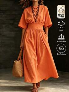 Omancia Women's Burnt Orange 100 Cotton Short Sleeve Midi Dress Elastic High Waist Pocket Loose Flowy Elegant Casual Summer Beach Brunch Vacation Daily Wear - Pale Yellow - View 1