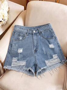 Rivivi Women's High Waist Pocketed Distressed Frayed Hem Casual Denim Shorts - Blue - View 1