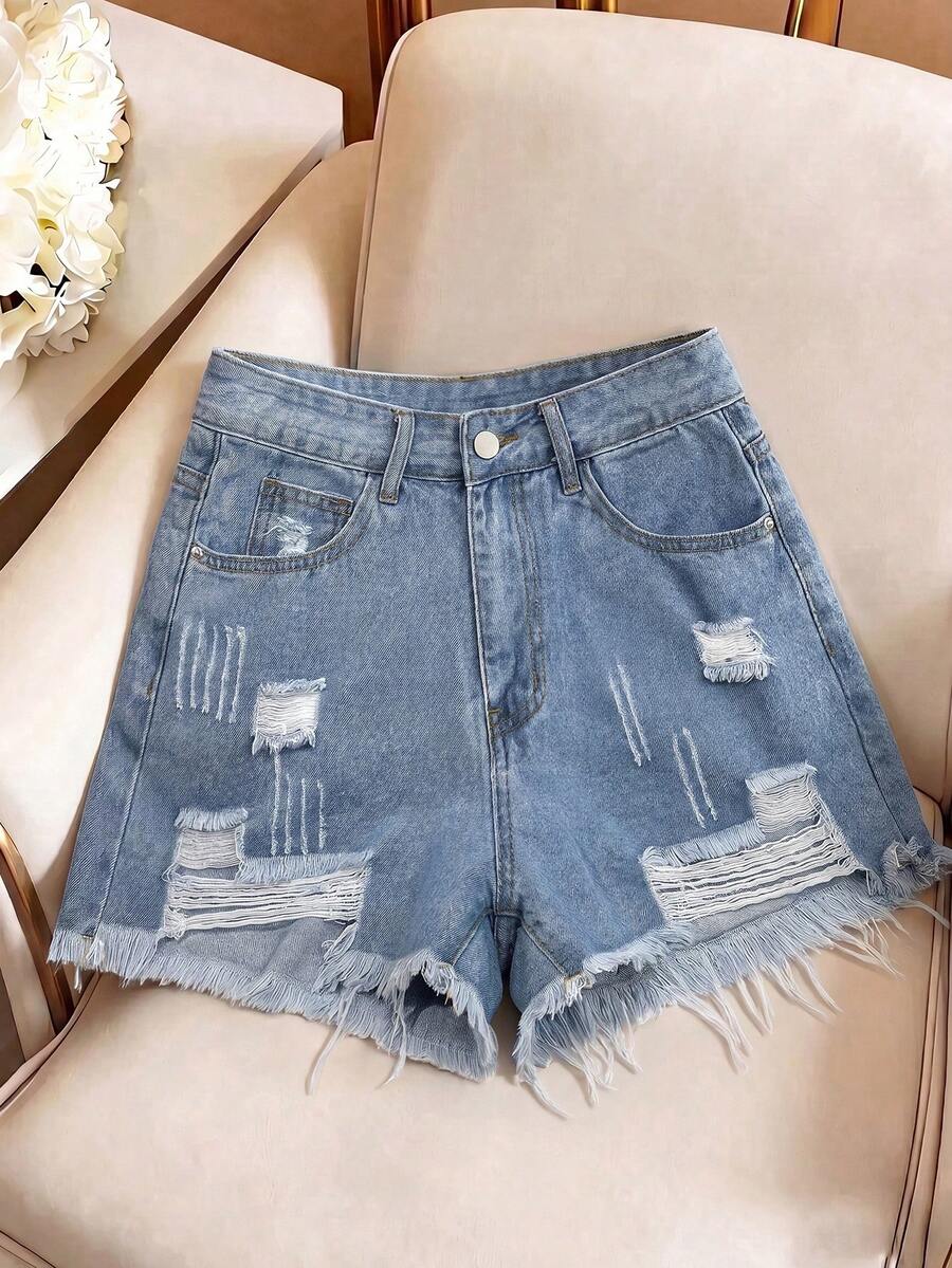 Rivivi Women's High Waist Pocketed Distressed Frayed Hem Casual Denim Shorts - Blue - View 1