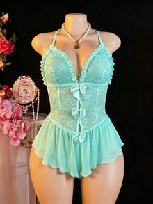 SHEIN Mono sexy de encaje con volantes y malla - verde menta - Ver 6