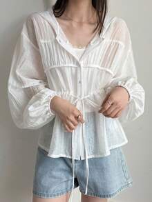 DAZY Solid Color Loose Drawstring Long Sleeve Casual Vacation Sun Protection Women's Shirt Summer School - White - View 5