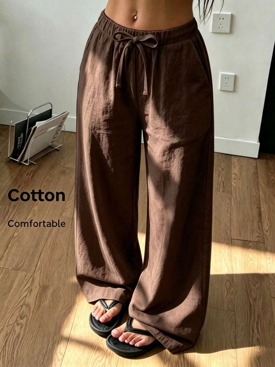 SHEIN 青少年(女童)休闲棉质宽松裤,带口袋,适合春夏海滩及日常穿着 - 棕色 - 查看 1