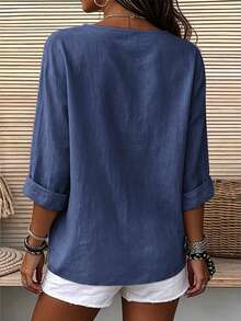 Zayélia Lady's Smooth-Woven Elegant And Simple Casual Summer Blouse, Work Shirt - Blue - View 2