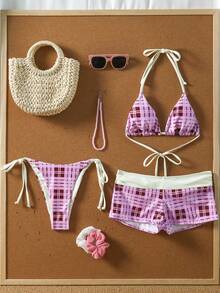 Swim Mod Women's Spring/Summer New Polka Dot Print Bow Decor V-Neck Halter Backless Triangle Tie Bikini Set 3pcs - Multicolor - View 3