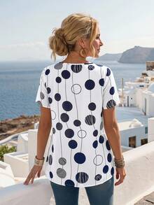 Faunlyn Women's Summer Polka Dot Pattern Print Round Neck Short-Sleeve Shirt - White - View 2