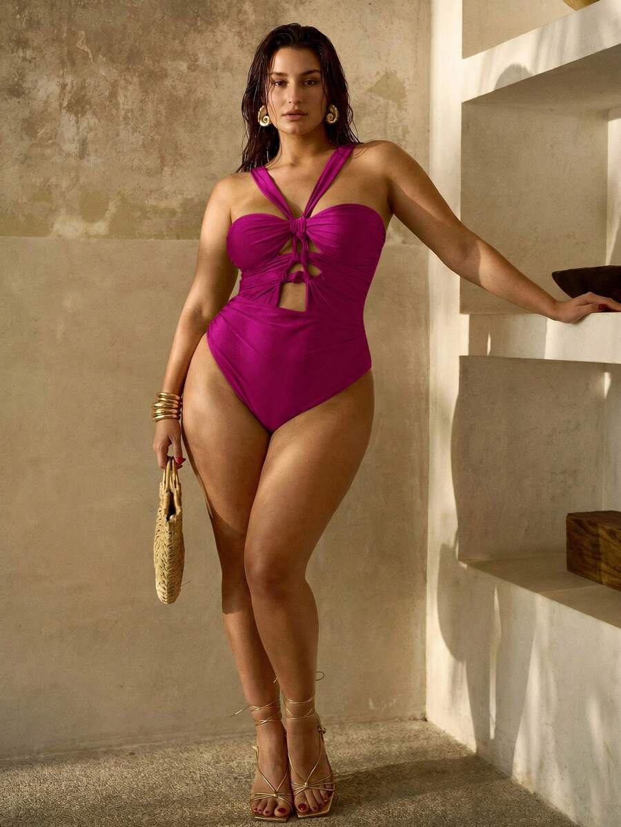 MOTF PREMIUM PEARLY GLOSSY BLINGBLING FABRIC FRONT HAND-WOVEN DETAIL ELEGANT VACATION VEST-STYLE PLUS SIZE WOMEN ONE-PIECE SWIMSUIT - Hot Pink - View 2