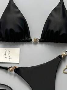Swim Mod Women's Spring/Summer Solid Color Halter Tie Bikini Set With Metal Decor - Black - View 6