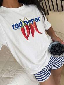 SHEIN EZwear 女款 T-Shirt 與短褲套裝，休閒極簡日常百搭派對聚會機場穿搭 Y2K 上衣，辣椒英文條紋印花圖案，女款夏季套裝，外出穿著 - 彩色 - 查看 5