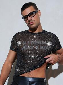 FeverCity Men's Sexy Shiny Sheer Rhinestone Decor T-Shirt - Black - View 5