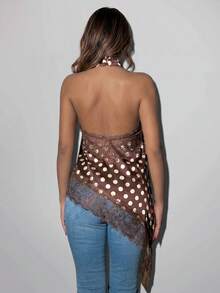 SHEIN ICON Women's Summer Brown And White Polka Dot Backless Satin Elegant 70s Retro Print Lace Patchwork Halter Top Date Night Cocktail Party - Brown - View 2