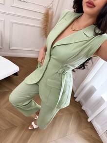 Modelyn 女士春夏竹编结优雅现代侧系腰带两件套 - 軍綠色 - 查看 5