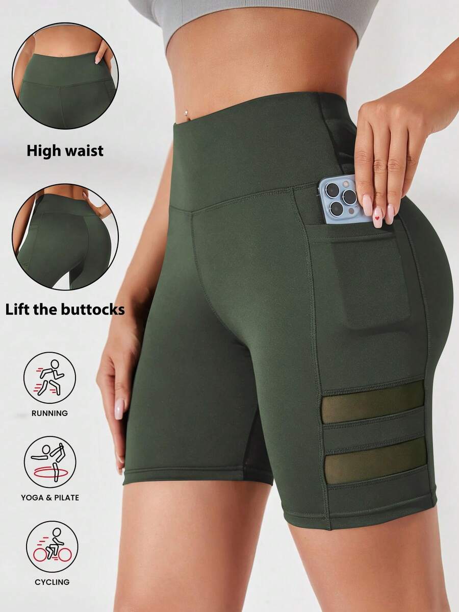 SHEIN Sports Solid Color Wide Waist Sports Shorts (With Pockets) - Olive Green - View 1