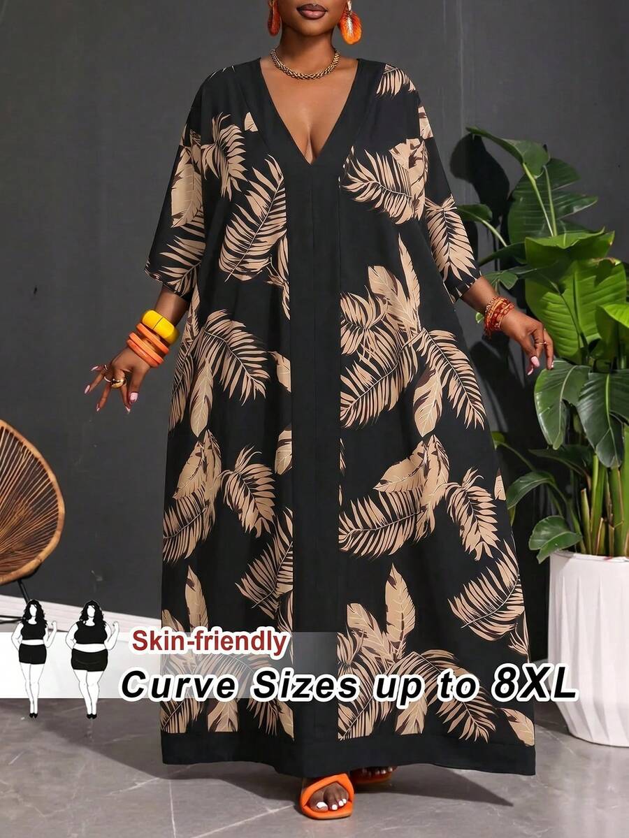 SHEIN CURVE+ 大尺碼 US22 音樂節、海邊度假、波希米亞風 2026 新款夏季母親節音樂節優雅派對戶外彩色寬鬆編織V領幾何動物圖案女裝洋裝 - 彩色 - 查看 1