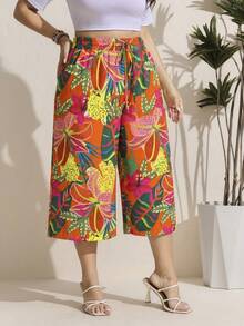 Comfylo Pantalones de pierna ancha con cintura de cordón y estampado de plantas tropicales florales talla grande 7/10 - Multicolor - Ver 3