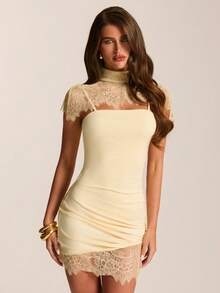 SHEIN BAE Frühling/Sommer gelbes Spitzen-Patchwork-Kleid mit hohem Ausschnitt und figurbetonter Passform, sexy Bandeau-Mini-Kleid mit schulterfreien Ärmeln und Wimpern-Spitze, Hot-Girl-Date-Party-Kleid - Gelb - Übersicht 6