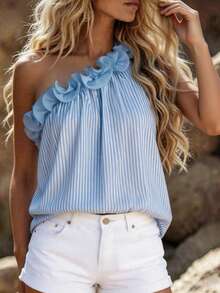 EMERY ROSE Women's Fashion Elegant Casual Vacation Ruffle Stripe One Shoulder Sleeveless Top - Blue - View 4