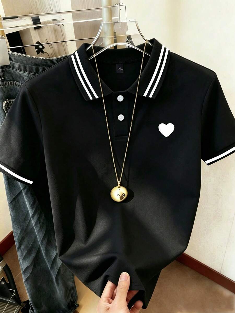 EMERY ROSE 大尺碼女款休閒條紋拼接飾邊愛心印花 Polo 領短袖 T 恤 - 彩色 - 查看 1