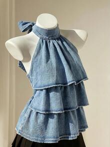 SHEIN Women's Denim Halter Neck Tiered Ruffle Backless Top - Blue - View 2