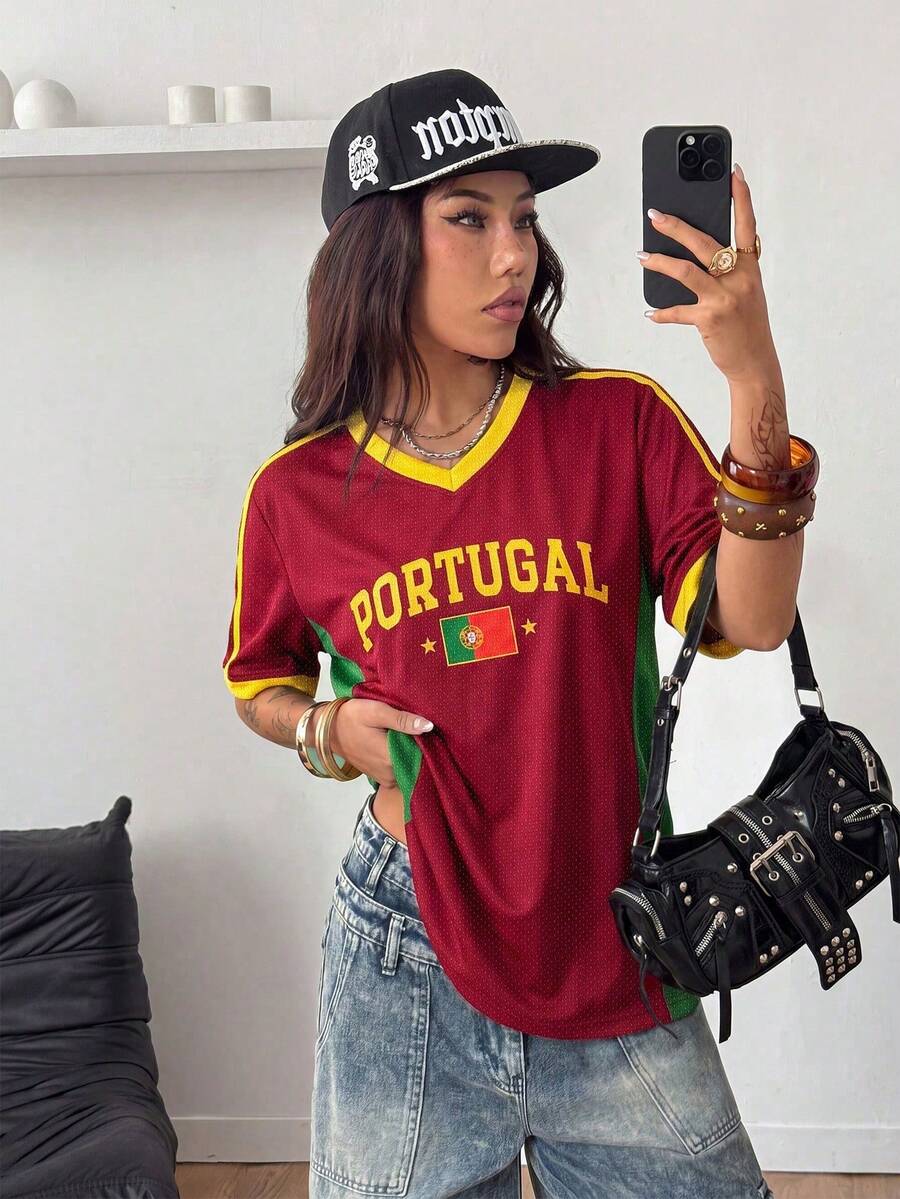 Coolane Áo thun lưới thể thao nữ phong cách tối giản casual, phối màu đỏ xanh vàng, in họa tiết chữ và số vị trí, phù hợp cho thể thao mùa hè, bóng đá, World Cup - Nhiều màu - Xem 1