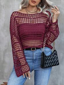 Elenzga Plus Size Women Spring/Autumn Casual Loose Knit Top With One-Word Collar, Hollow Out Sexy Bell Sleeves, Semi-Sheer Black Pullover Sweater - Red Violet - View 3