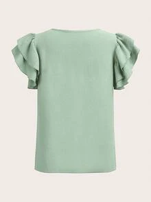 SHEIN LUNE 女款夏季休閒純色荷葉袖上衣 - 薄荷綠 - 查看 5