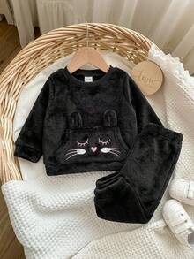 Set Atasan Lengan Panjang dan Celana Panjang Pinggang Elastis Motif Kartun Lucu untuk Bayi Perempuan Musim Gugur/Dingin - Hitam - View 12