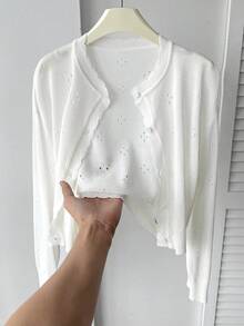 SHEIN Tween女孩白色提花針織休閒開襟針織衫 - 白色 - 查看 2