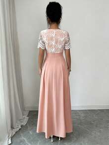 SHEIN Elenzya Women's Casual Short Sleeve Lace Patchwork Fitted Slit Dress - Pink - View 2