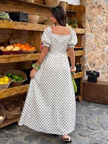 Flora Isola Flora Isola Women's Sexy Black Lace Trim Neckline Polka Dot Pattern Puff Sleeve Long Dress, Polka Dot Dress, Vacation Dress, Apricot Dress, Elegant Dress - Apricot - View 4