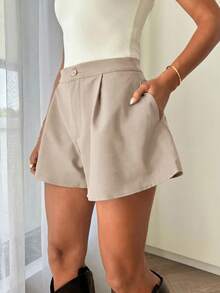 Siren Gaze Solid Color Button Pocket Loose Elegant Commuter Shorts - Khaki - View 5