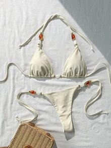 Swim Mod Women's Solid Color Halter Neck Metal Decor Sexy Bikini Set, Spring/Summer - Apricot - View 2