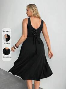 Auralis Summer Black Sleeveless A-Line Dress With Square Neck And Cinched Waist Midi Length With Pockets Sporty Drawstring Back Vacation Casual Formal - Black - View 1