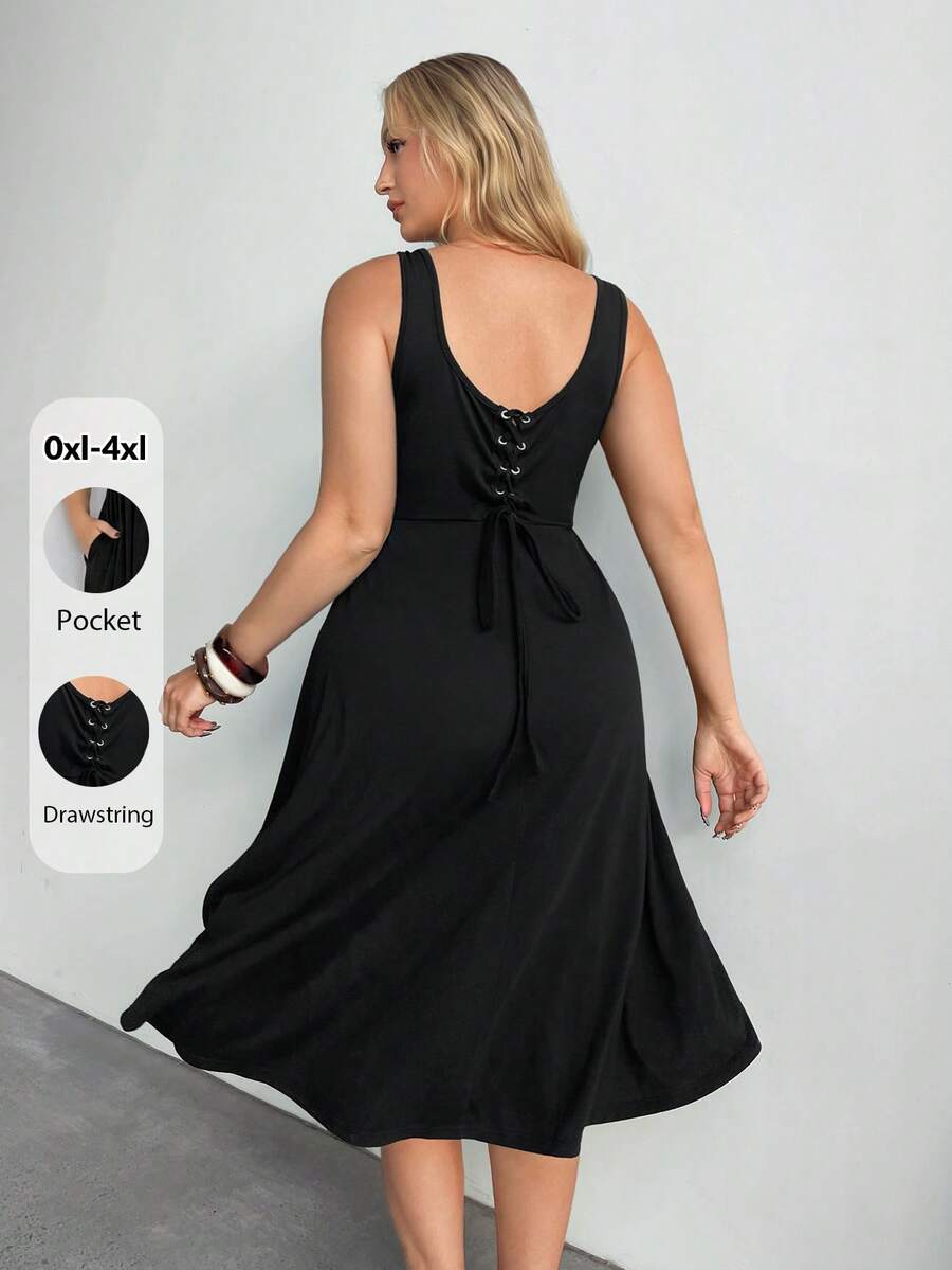 Auralis Summer Black Sleeveless A-Line Dress With Square Neck And Cinched Waist Midi Length With Pockets Sporty Drawstring Back Vacation Casual Formal - Black - View 1